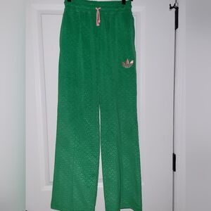 Adidas Green Velour Track Pants with Pink Trefoil
